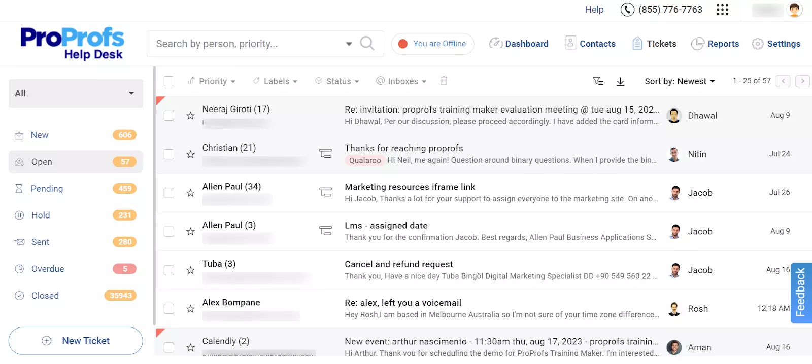 Přehled otevřených tiketů ProProfs Help Desk