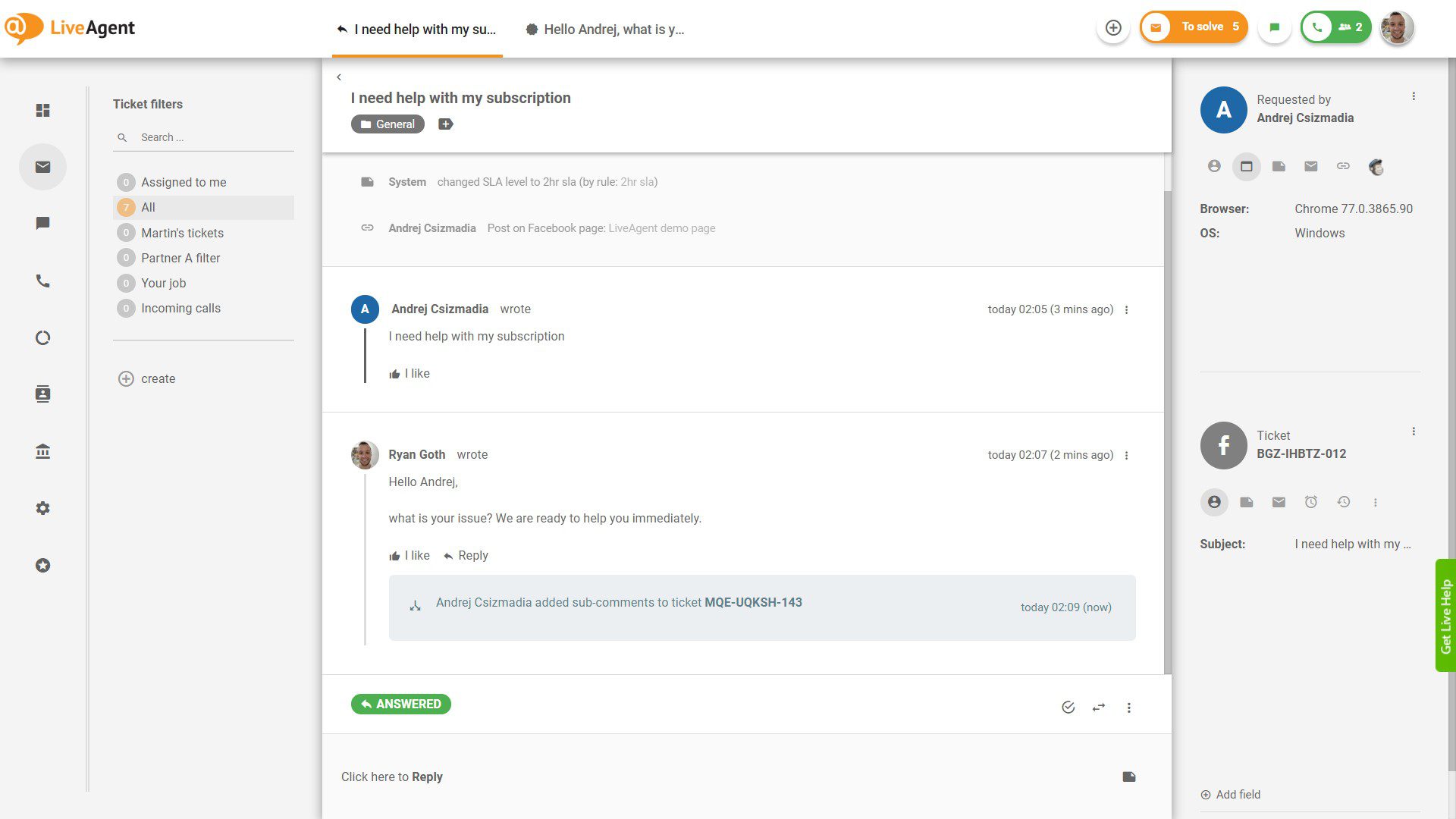Lístek Facebooku uvnitř LiveAgent
