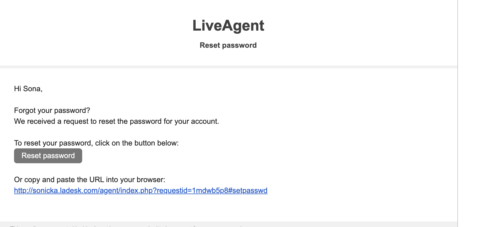 E-mail pro resetování hesla LiveAgent