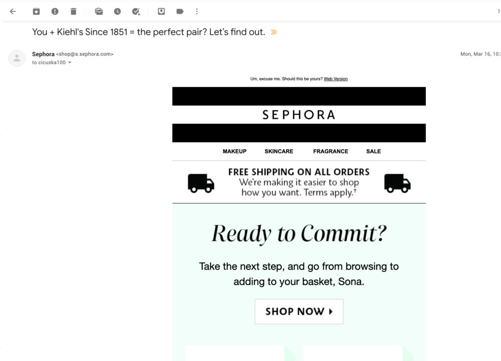 Příklad e-mailu o opuštění nákupního košíku od společnosti Sephora