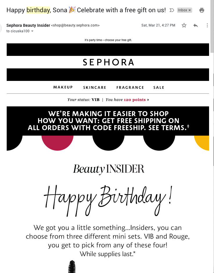 Šablona e-mailu s odměnou za věrnost Sephora