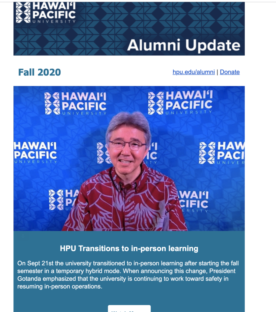 Příklad informativního e-mailu Hawaii Pacific University
