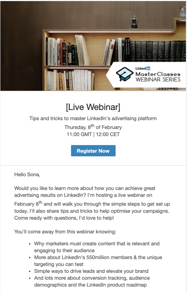 LinkedIn šablona upoutávkového e-mailu na webinář