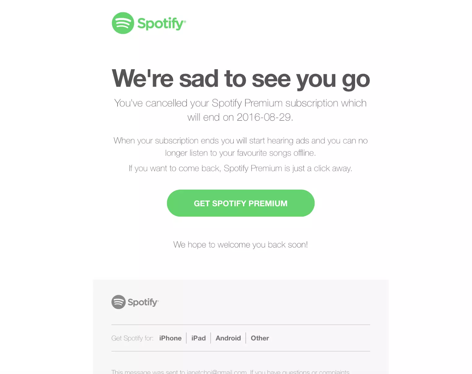 Příklad e-mailu o zrušení Spotify