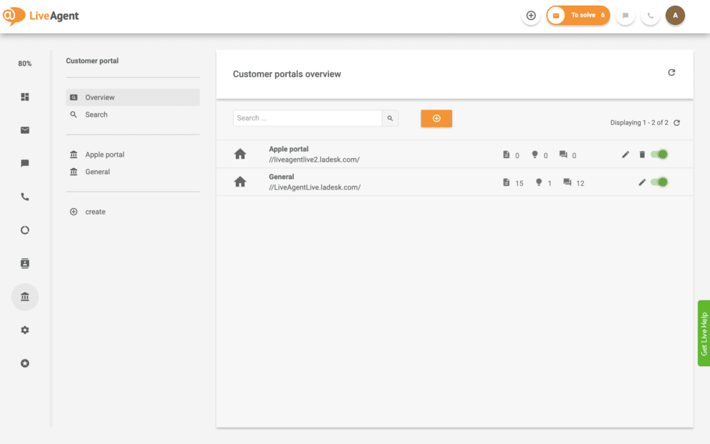 Vytvořit více zákaznických portálů v LiveAgent
