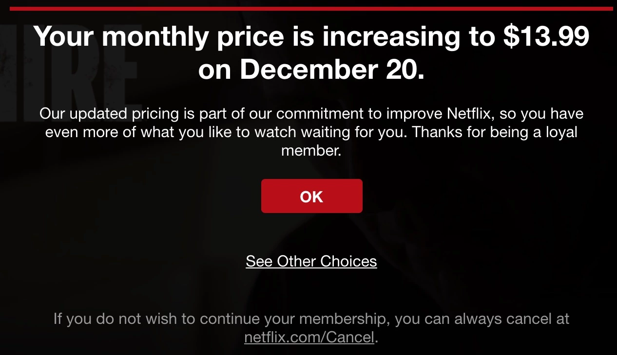 Šablona e-mailu o zvýšení ceny Netflix