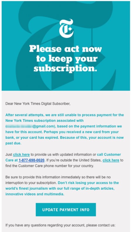 Příklad dunning e-mailu od New York Times