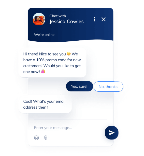 Rozhraní live chatu nabízející promo kód a žádající e-mail uživatele