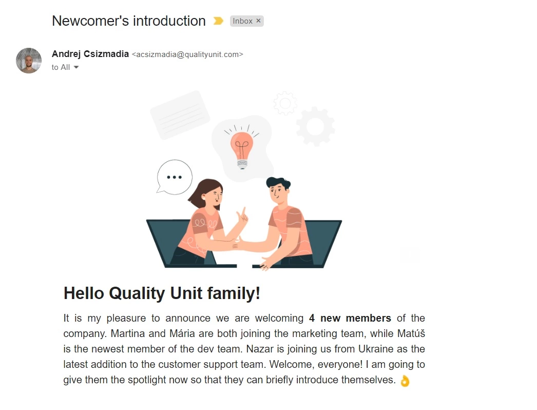 E-mail představující nového člena společnosti Quality Unit