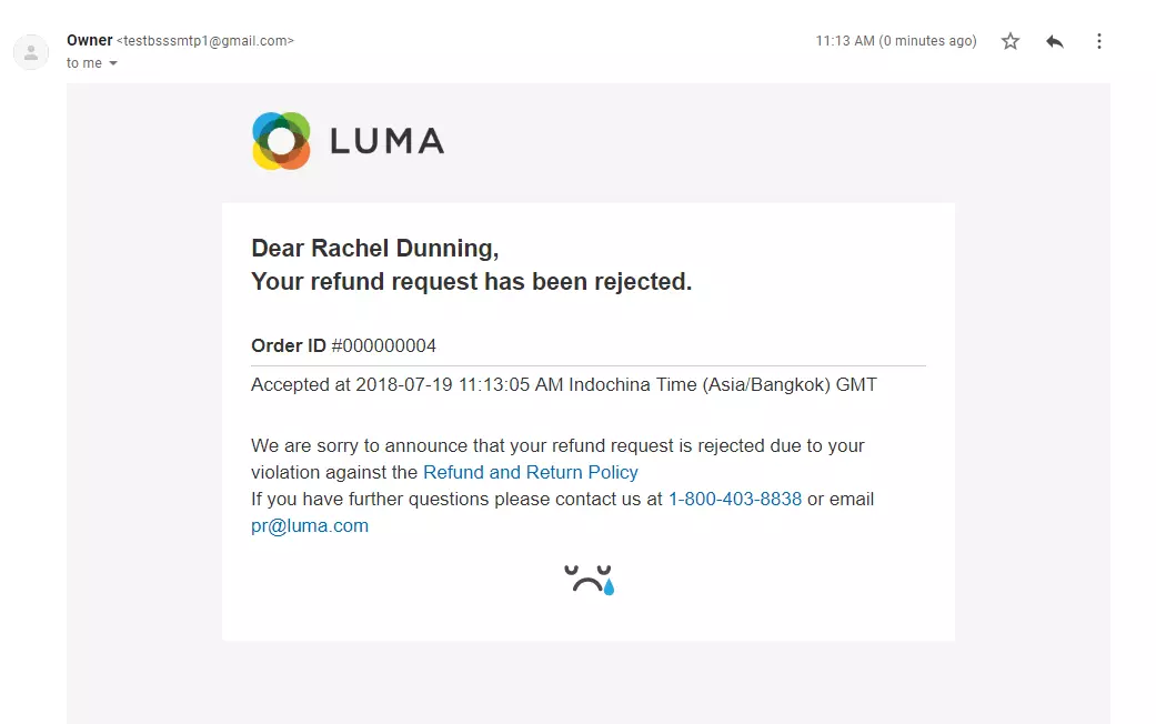 Příklad e-mailu s odmítnutím žádosti o vrácení peněz