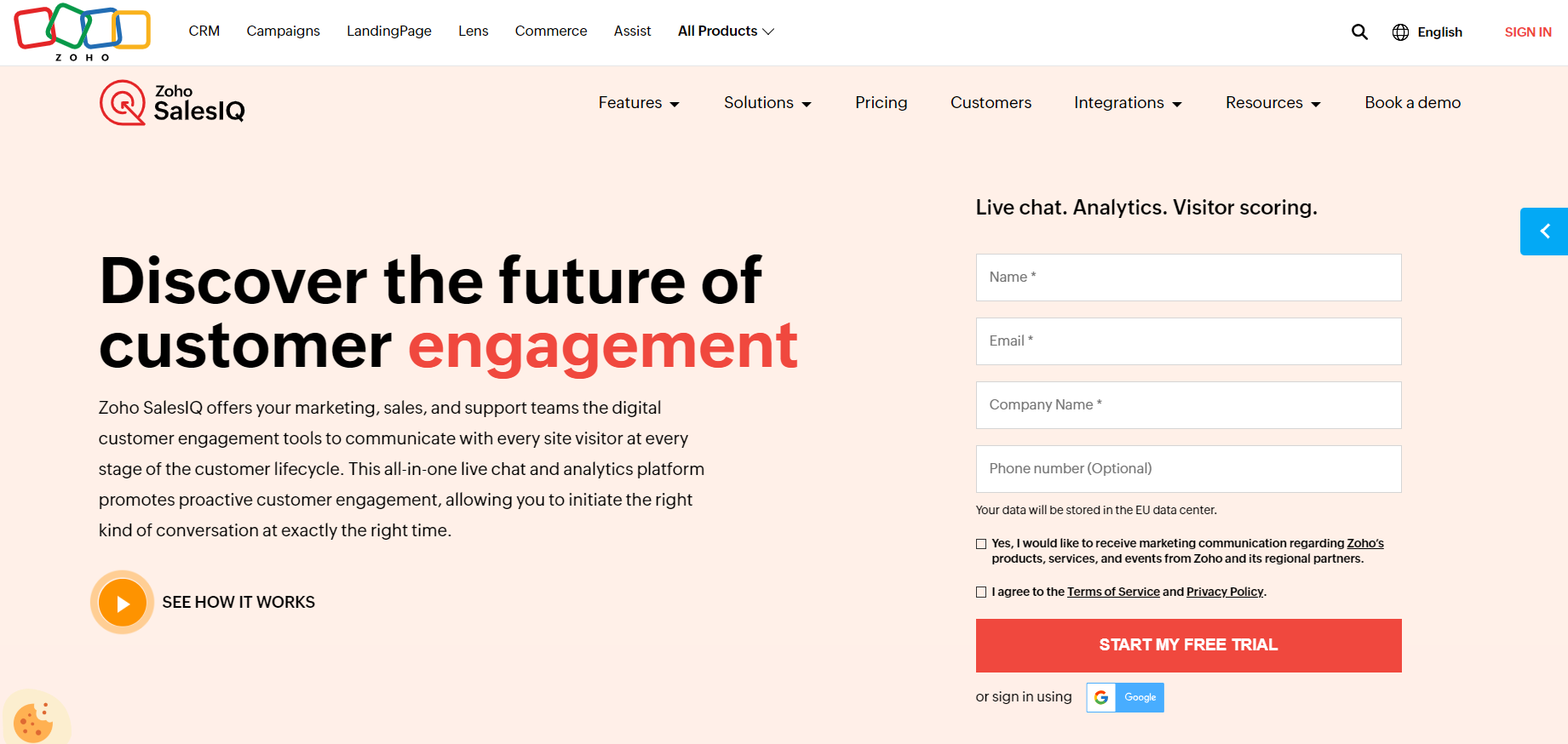 Domovská stránka Zoho SalesIQ - software pro live chat v e-commerce pro zapojení zákazníků