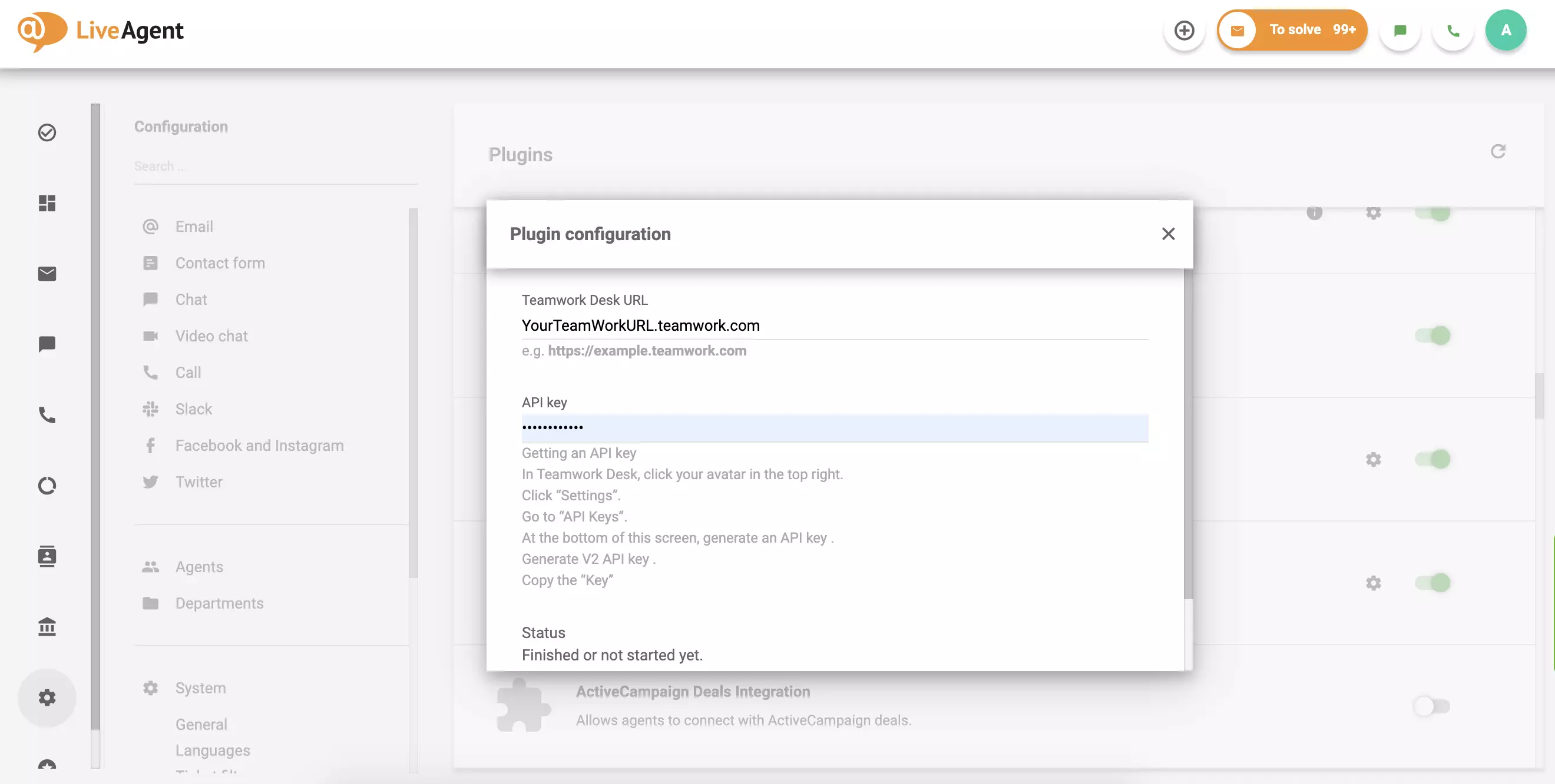 Vyplňte svou adresu URL Teamwork Desk a API, poté klikněte na Uložit.
