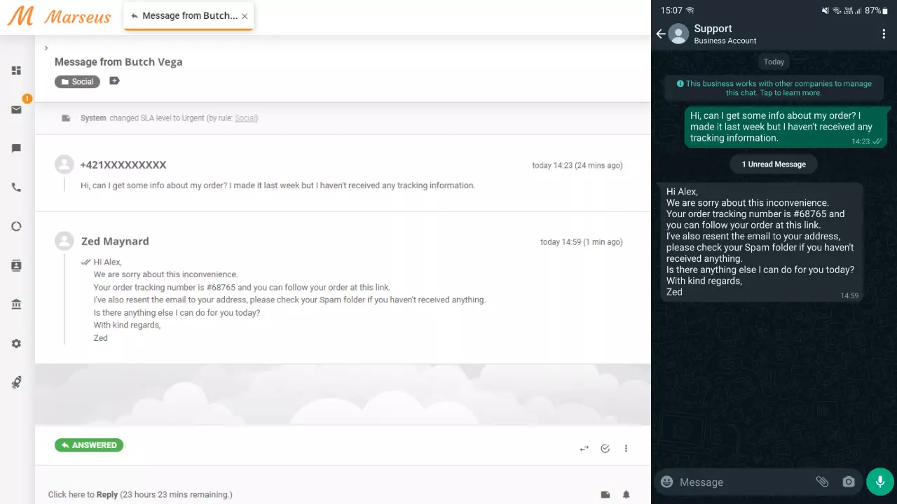 Zpráva WhatsApp zobrazená jako lístek v LiveAgent