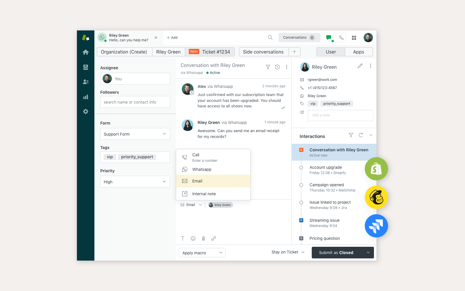 Rozhraní call centra Zendesk